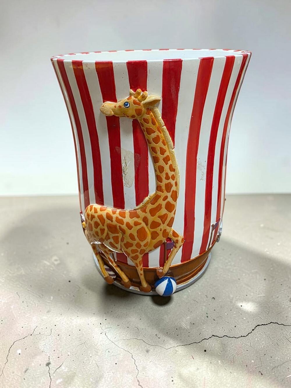 Circus Giraffe Wastebasket Trash Can Red White Striped Whimsical Kids Room Decor